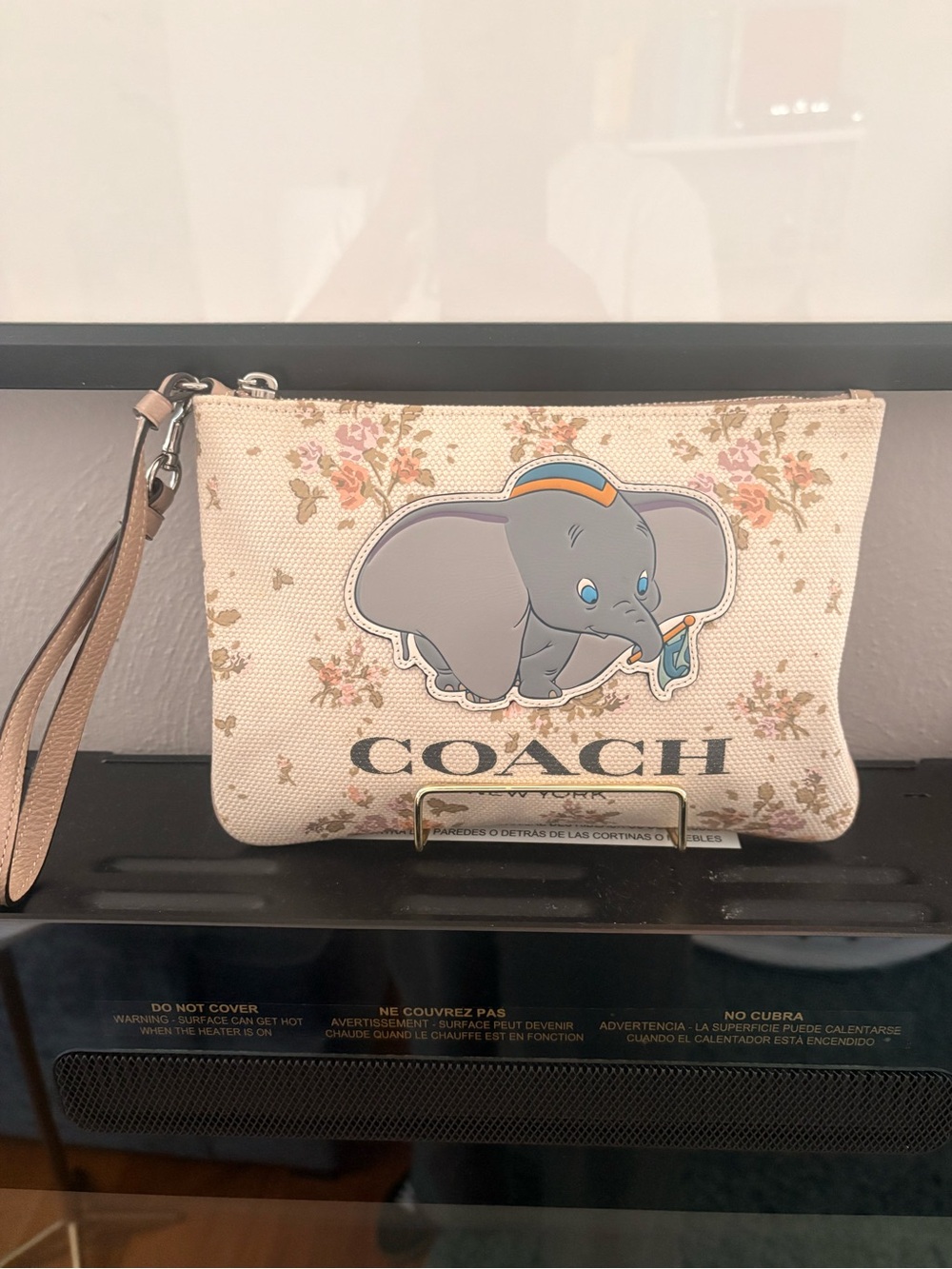 Coach Beige Floral Dumbo Canvas Wristlet with Tan Strap